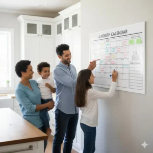 Family writing schedules and events on the large, wall-mounted 4 month calendar dry erase board in a kitchen.