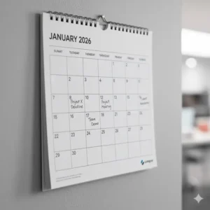Close-up of a professional office wall calendar 2026 showing large date blocks for scheduling.