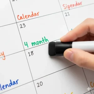 Close-up shot of a hand smoothly erasing ink from the surface of the 4 month calendar dry erase board.