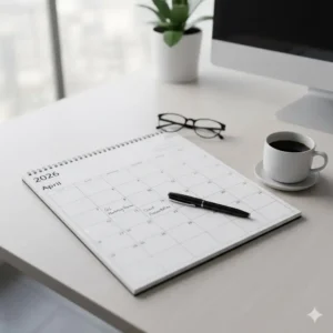 Top-down view of an office wall calendar 2026 planner on a desk with a pen and coffee.
