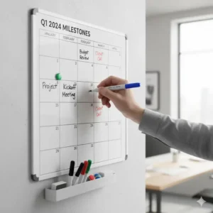 A hand using a marker to write an important reminder on the four month dry erase calendar hanging in an office.
