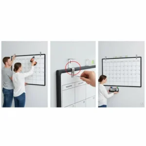 Step-by-step image showing how to easily mount the 4 month calendar dry erase board on the wall.