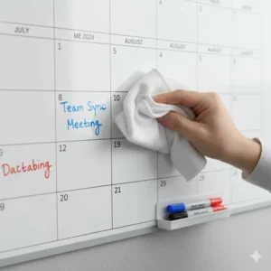 Demonstrating the easy cleaning and erasability of the four month dry erase calendar with a small cloth.
