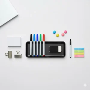 Overhead view of accessories, including markers and eraser, designed for the 4 month calendar dry erase board.