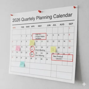 Detail of a quarterly planning section on the office wall calendar 2026 highlighting key deadlines.