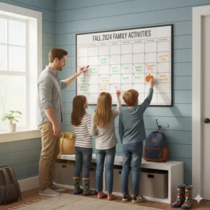 A family reviewing their upcoming activities and scheduling on their four month dry erase calendar in a mudroom.