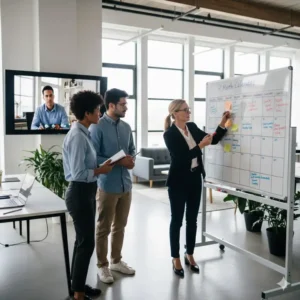 An office team collaborating and tracking a quarterly project using the large 4 month calendar dry erase board.