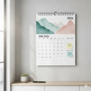 Decorative office wall calendar 2026 with a modern, artistic design and space for notes.