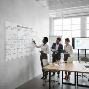 Project management team utilizing a four month dry erase calendar to track milestones and workflow in a collaborative office space.