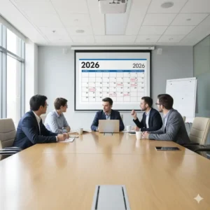 Office wall calendar 2026 clearly displayed in a bright corporate meeting room for team visibility.