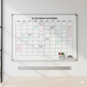 Scale image showing the substantial size of the four month dry erase calendar next to a standard ruler.