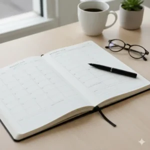 Detailed view of the hard cover planner 2026's spacious monthly and weekly layout, showing ample room for appointments and notes.