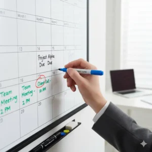 Example close-up of a user writing appointments on the versatile 4 month dry erase calendar.