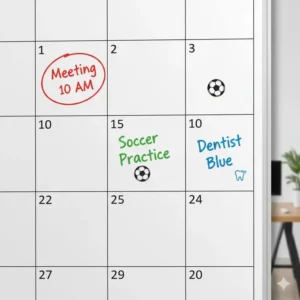 Close-up showing the daily planning squares of the spacious 24 x 36 dry erase calendar board for detailed scheduling.