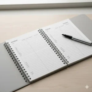 Open two-page spread of the 2026 hourly planner, showing a full week from Monday to Sunday with time slots from 7 AM to 8 PM.