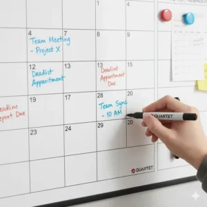 Close-up of a user writing on the smooth, dry-erase surface of the quartet whiteboard calendar.