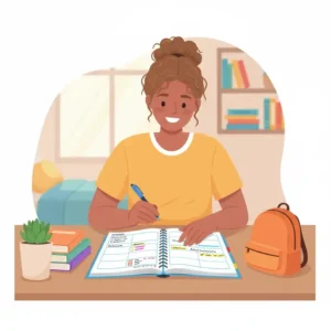 Happy high school student checking their physical high school planner to review their class schedule and homework assignments for the day.