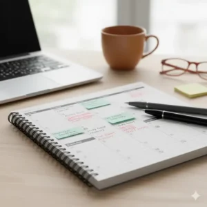 Close-up of a well-organized weekly college planner layout, showing scheduled classes, study blocks, and due dates clearly marked for best planners for college students.
