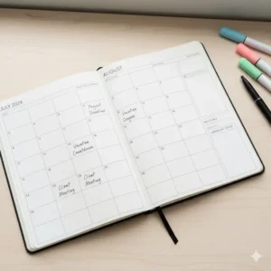 Close-up of a clear, spacious two year monthly planner spread with large writing blocks for each day, illustrating the ease of monthly planning for 24 months.
