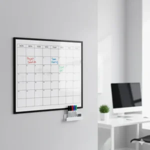 Close-up of a dry-erase 36 x 24 calendar hanging in an office, detailing upcoming appointments.