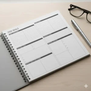 Section of the 2026 hourly planner dedicated to setting and reviewing yearly, quarterly, and monthly goals for better focus.