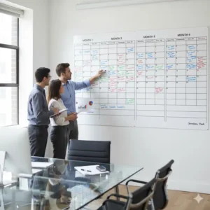 A large-scale 4 month dry erase calendar in an office setting, ideal for team project management.