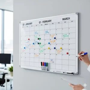 Reusable, dry-erase board style Quarterly Wall Calendar with colored markers for flexible team scheduling.