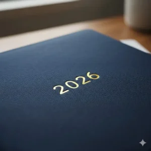 Close-up of the durable material and gold foil-stamped "2026" year on the hard cover planner 2026, highlighting its premium quality.