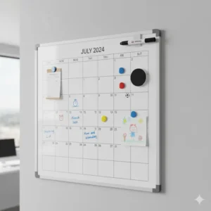 Demonstration of the magnetic surface feature of the 24 x 36 dry erase calendar board holding magnets and a marker.