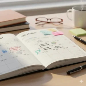 Close-up shot of the monthly calendar view in a high school planner, highlighting important dates like exams, school events, and project deadlines.