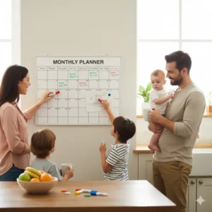 Quartet whiteboard calendar used in a modern kitchen as a central family organizer for managing schedules.