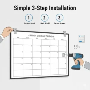Diagram showing the simple mounting process for the 4 month dry erase calendar template.