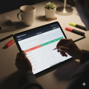 A tablet screen displaying a modern digital planner application being used by a student for organizing notes and assignments, ranking among the best planners for college students.