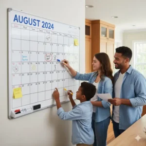A family using the large 24 x 36 dry erase calendar board in their kitchen to organize a busy monthly schedule.