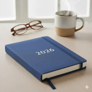 Hard cover planner 2026 shown next to a standard mug to illustrate its portable yet practical size for desk use or travel.