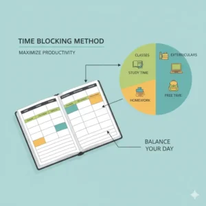 A visual diagram illustrating effective time-blocking techniques used within a high school planner to manage study time and extracurricular activities.
