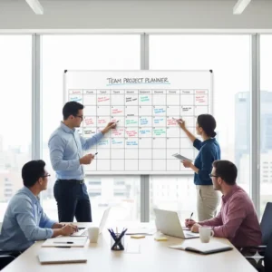 Large quartet whiteboard calendar in an office meeting room, used for collaborative team project planning and deadlines.