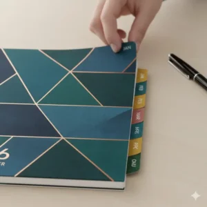 Detail shot of the colorful tabs and dividers for quick navigation within the 2026 spiral planner by month or section.