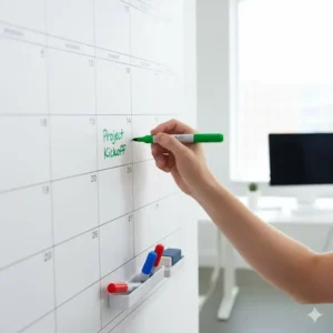 A hand writes a project deadline on the surface of the 36 x 24 calendar using a green marker.