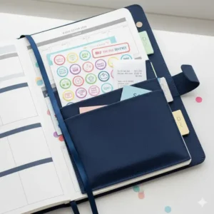The practical back pocket and included sticker sheets inside the hard cover planner 2026 for storing loose notes and receipts.