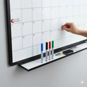 Detail shot highlighting the magnetic surface and accessories of the 4 month dry erase calendar.