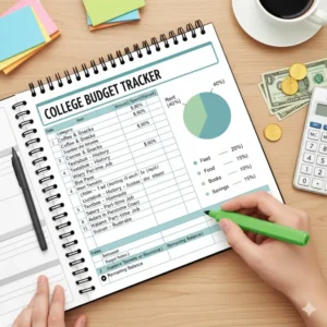 An illustration showing a dedicated budget planner section within a student organizer, helping college students track expenses, found in the best planners for college students.