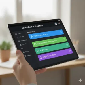 Screenshot of a popular digital high school planner application on a tablet, displaying a clean, organized to-do list and assignment tracker.