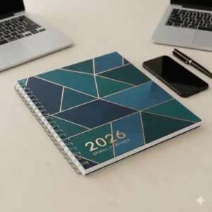 Image showing the 2026 spiral planner next to a pen or phone for a clear size and scale comparison.