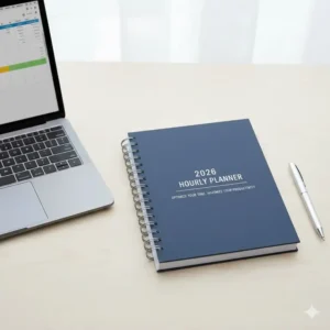 A compact, portable 2026 hourly planner sitting next to a laptop, illustrating its perfect size for carrying in a briefcase or backpack.