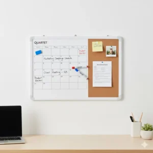 Quartet whiteboard calendar combo board featuring a dry-erase calendar section and a separate cork strip for pinning notes.