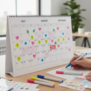 Close-up view of a filled Quarterly Wall Calendar with colorful planner stickers and handwritten notes.