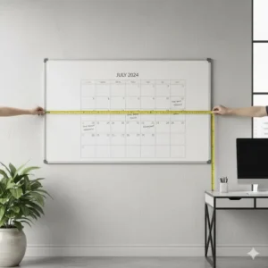 Measuring the actual size and dimensions of the 24 x 36 dry erase calendar board mounted on a wall.