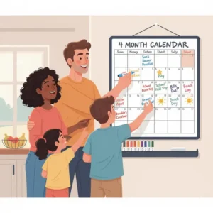 A family using the 4 month dry erase calendar to track school events and household tasks.