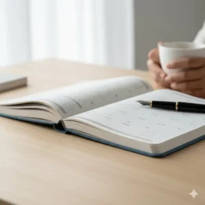 View of the strong, flexible binding that allows the hard cover planner 2026 to lay completely flat for easy writing.